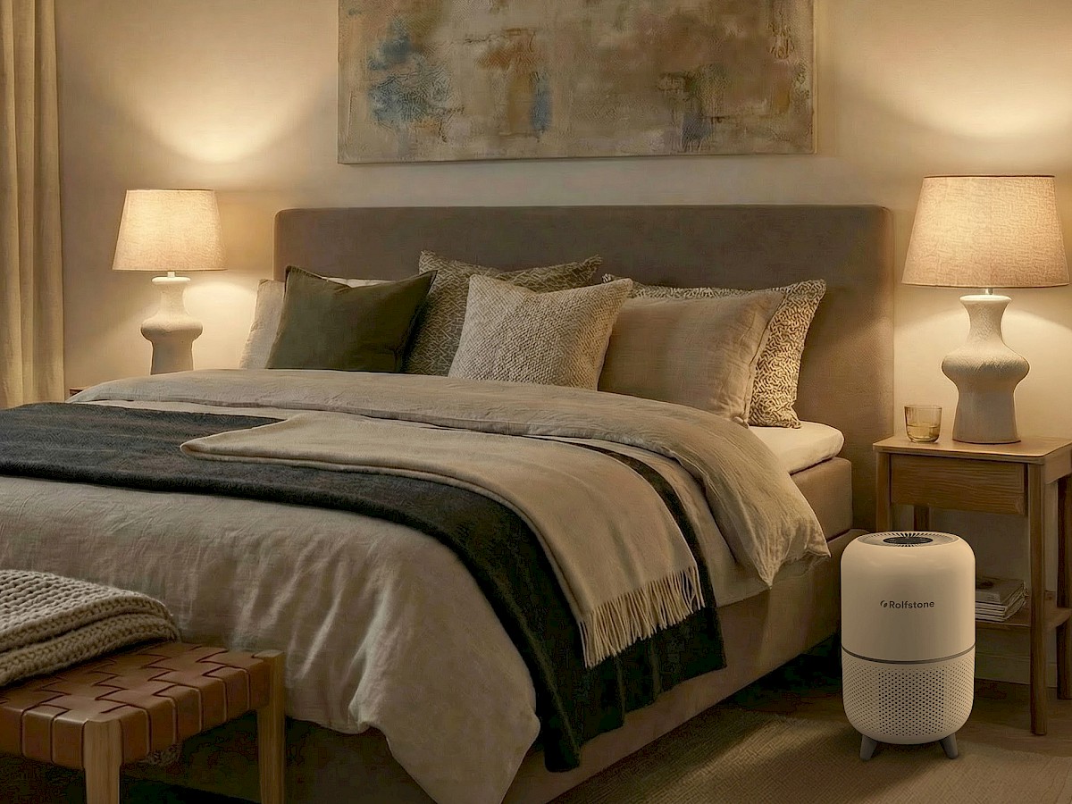 Luchtreiniger voor de slaapkamer naast een bed in een rustige, sfeervolle kamer